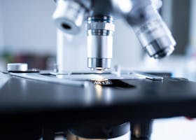 Detailed view of a laboratory microscope focusing on lens and optical components.